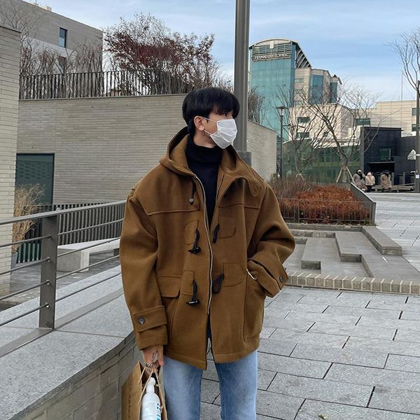 

men's wool & blends autumn 2022 winter woolen warm casual hooded coat thick trench solid overcoats fashion jackets b467, Black