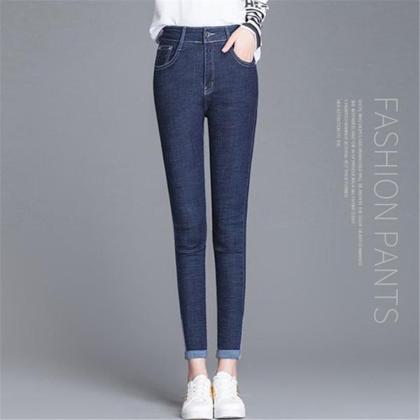 

women's jeans plus size for women mid waist basic elastic ultra-soft denim pencil pants ankle skinny female trousers stretch blue