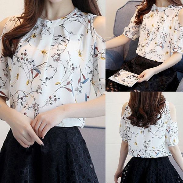

summer chiffon short sleeve shirt women fashion floral loose flower off-shoulder pullover blouse women's blouses & shirts, White