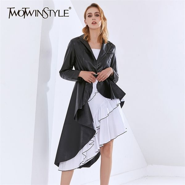 

asymmetrical black pu leather trench for women lapel long sleeve casual windbreakers female fashionable style 210524, Tan;black