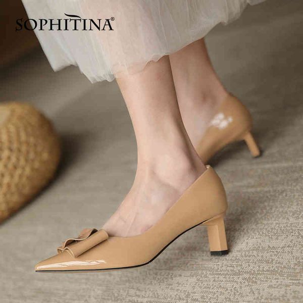SOPHITINA Party Women Shoes Tacco spesso Solid Fashion Scarpe femminili Bowknot Punta a punta Manica Daily Lady Pumps AO164 210513