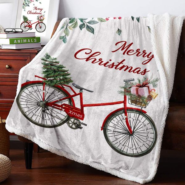 

sherpa fleece throw blanket- merry christmas holly berry xmas bike tree fuzzy soft flannel blanket reversible ultra luxurious