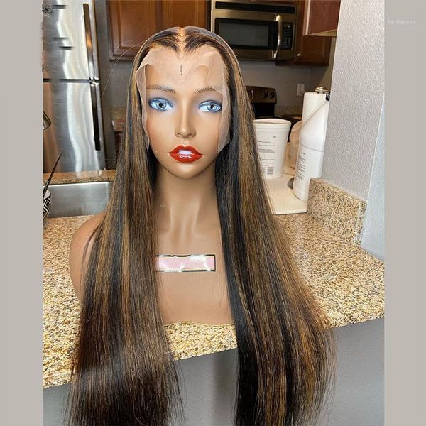 

silky straight highlight color t part lace front wig human hair for women with baby bleached knots breathable cover wigs1, Black;brown