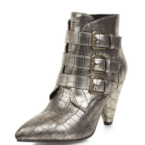 

boots fanyuan pu leather pointed toe sewing women shoes autumn winter fashion square high heel buckle ankle size 34-43, Black