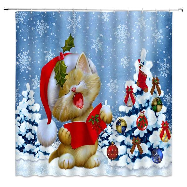

christmas cat shower curtain lovely xmas pet kitten kitty red hat clothes reading card blue winter snow day chritmas tree balls