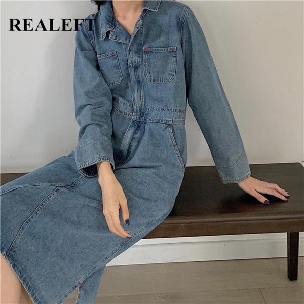

casual dresses realeft 2021 vintage women's denim dress fashion korean style long sleeve straight pockets front midi female, Black;gray