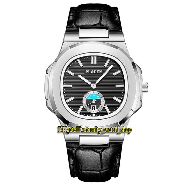 

pladen eternity m003 leisure ultrathin th 8mm mens watches bar pattern black date dial quartz movement men watch steel case leather strap, Slivery;brown