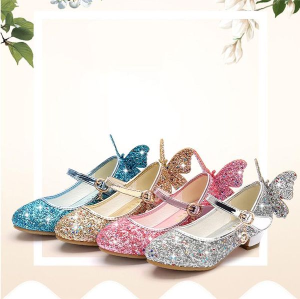 

1pair 3cm high heels girl leather shoes crystals with butterfly fashion kid' sequins decoration flat, Black;grey