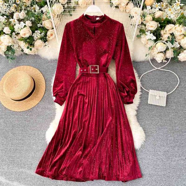 

vintage velvet dres elegant patchwork pleated es ladies long sleeve with belt bandage party autumn robe 210602, Black;gray