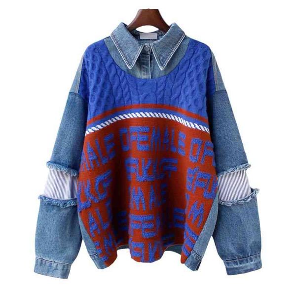 

women's sweaters [ewq] moda falso dois manga comprida costura carta design feminino pulÃ´ver malha solta denim retalhos camisola buracos, White;black