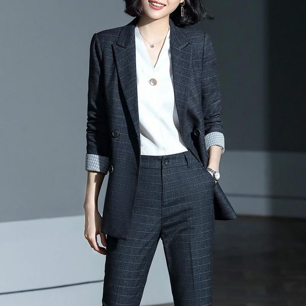 

women's suits & blazers suit 2021 autumn fashion temperament casual slim slimming plaid double-breasted small trousers two-piece, White;black