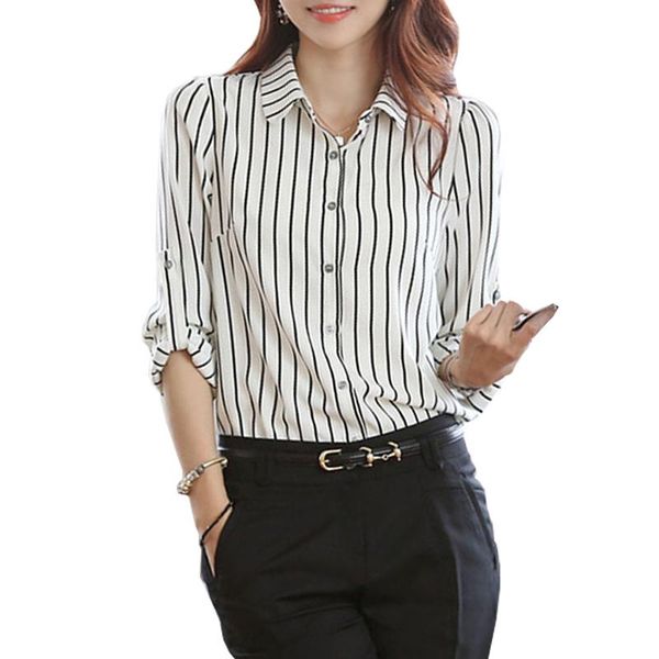 

women's blouses & shirts striped shirt chiffon women blouse business 2021 casual brand long sleeved slim excellent quality large s-4xl, White
