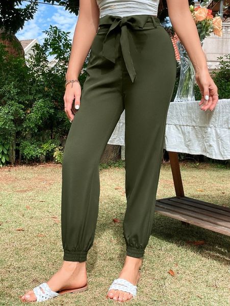 

solid belted carrot pants c39d#, Black;white