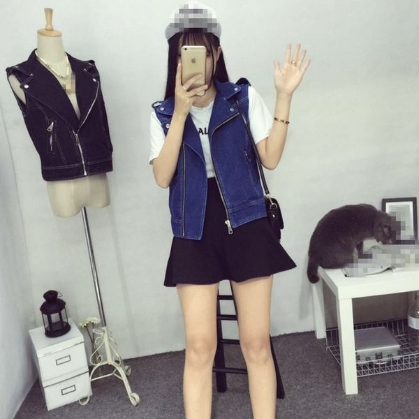 

women's vests women denim black jacket blue sleeveless turn down collar jean short outwear vintage 6xl 7xl 8xl more size cvxs, Black;white