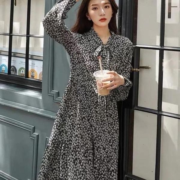 

women's spring autumn style dress loose v-neck bow printed long sleeve korean elegant ss3771 casual dresses, Black;gray