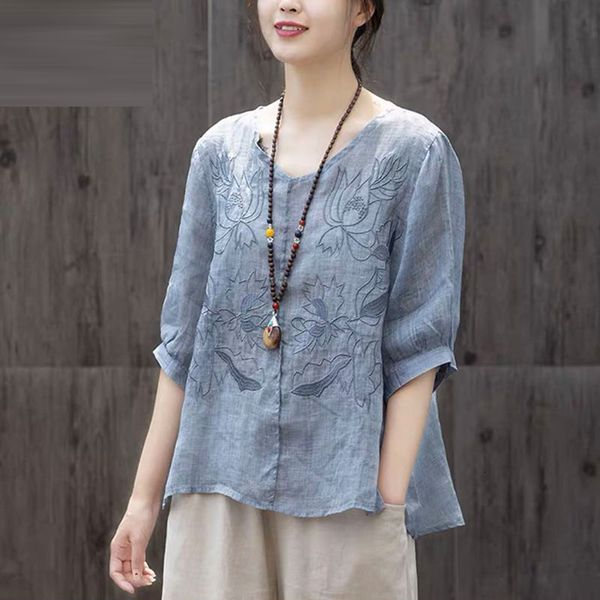 

t shirts summer arts style women half sleeve loose v-neck tee shirt femme vintage embroidery cotton linen t-shirt plus size m116 cr0i, White
