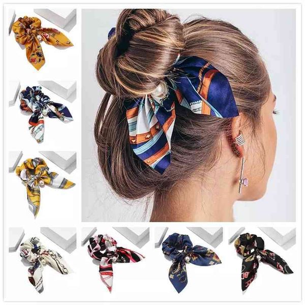 

new chiffon bowknot elastic bands girls pearl scrunchies bandana bows holder ponytail accessories for hair, Pink