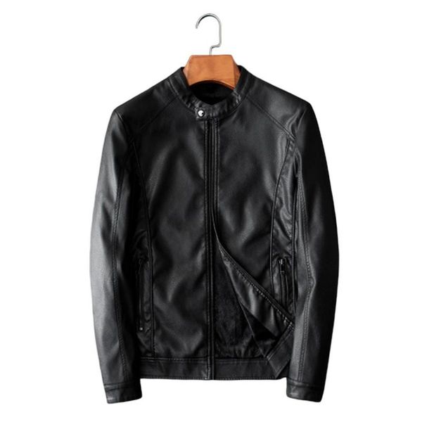 

men's fur & faux spring and autumn leather jacket men stand collar slim fashion motorcycle casual long sleeve mens jackets, Black