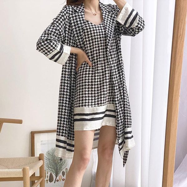 

printed houndstooth kimono bath gown bridal wedding robe set v-neck 2pcs bathrobe&nightgown suit loose intimate lingerie women's sleepw, Black;red