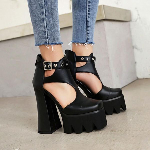 

sandals womens metal chain platform belt buckle super high 6" heel punk shoes cut out pumps creepers oxfords lace up plus size 2022, Black