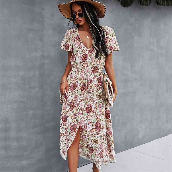 

summer a-line print dress for women v-neck ruffles beach high-waist casual slits ladies bohemian midi vestidos 210508, Black;gray