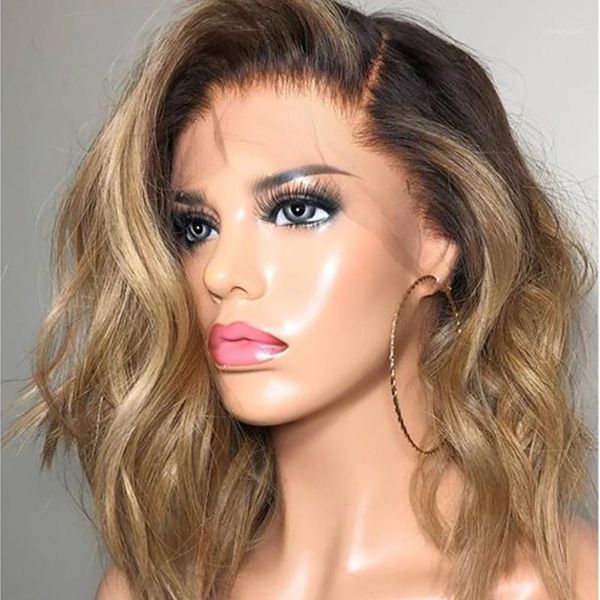 

women gold hair wigs short wavy curly parting high temperature fiber side division wig 2m811141, Brown