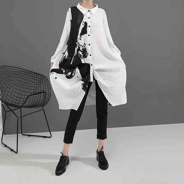Koreanischen Stil Frau Langarm Weiß Druck Hemd Kleid Malerei Plus Größe Gerade Mädchen Casual Midi Lose Robe Femme Inkjet zufällig