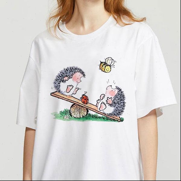 

womens t shirts shirt female hedgehog with dandelion tshirt summer tee easy short sleeved shirtmatching round neck, White