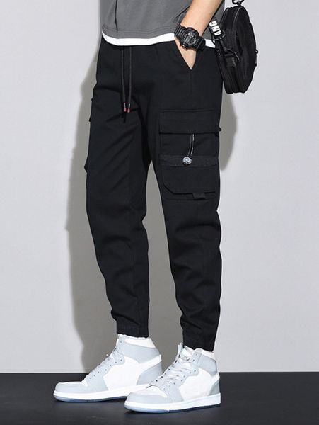 

men drawstring flap pocket cargo pants w4e3#, Black