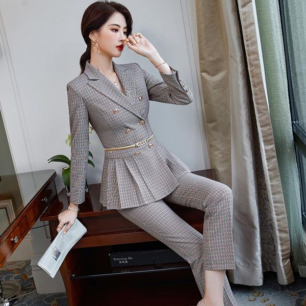 

ladies elegant business suit blazer with trouser 2 pieces set belt slim fit 2021 autumn design women's two piece pants, White