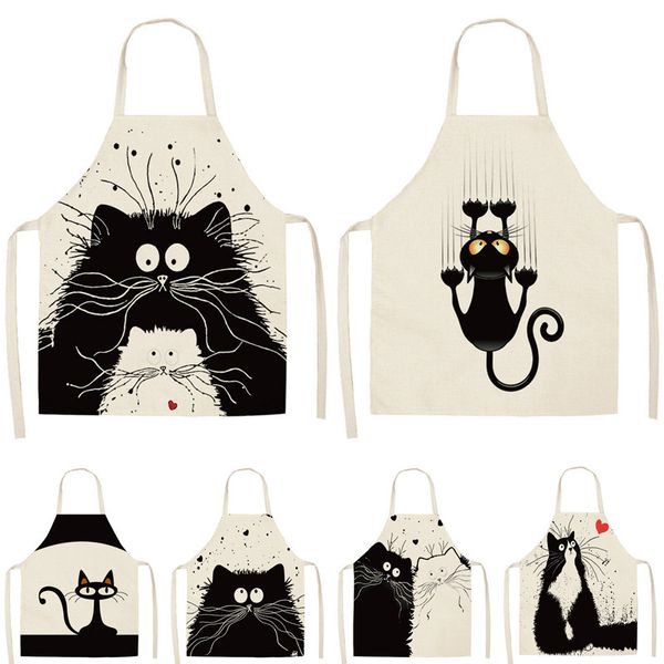 

100pcs kitchen cooking apron cute cat printed home sleeveless cotton linen aprons for men women baking accessories 53*65cm wq002