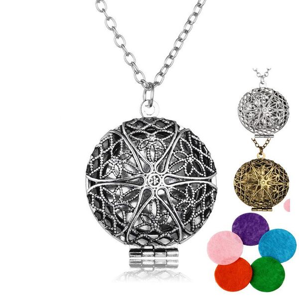 

pendant necklaces 10pcs round flower aroma diffuser necklace perfume essential oil locket women jewelry, Silver