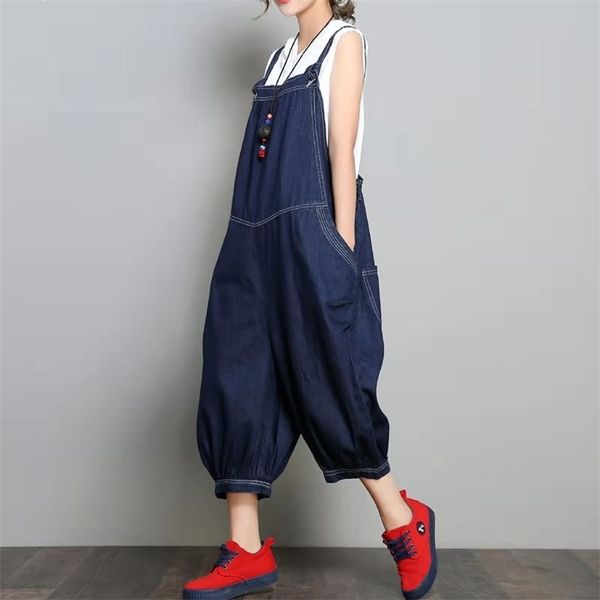 

arrival spring/summer women loose casual all-matched wide leg pants cotton denim calf-length braces jumpsuit w36 210512, Black;white