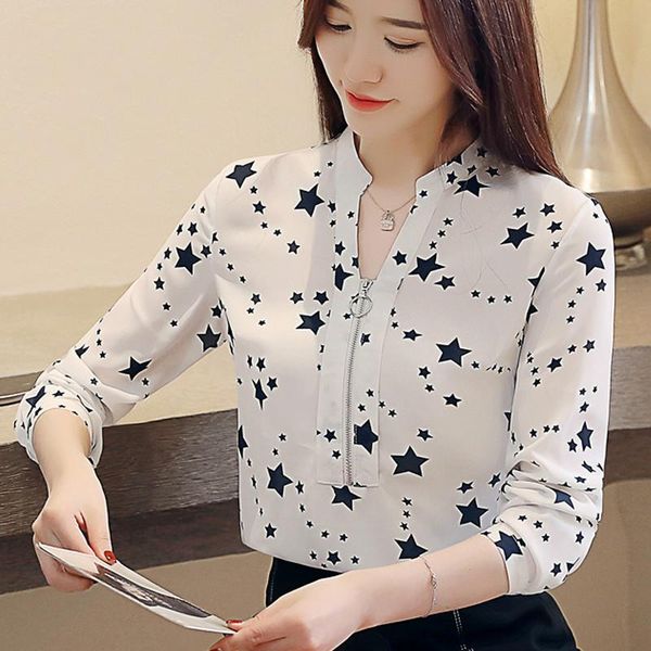 

women's blouses & shirts 2021 spring ladies chiffon shirt female long sleeve v-neck front chest zipper pullover dotted stars, White