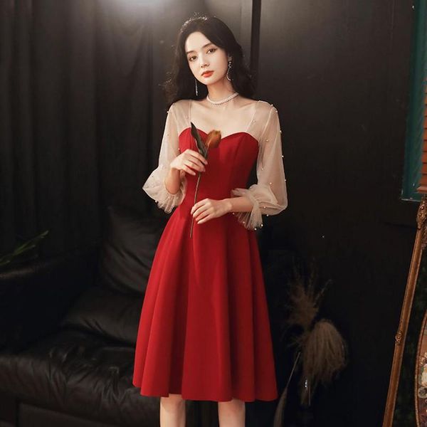 

ethnic clothing burgundy pleated bridal party dress gown sweetheart neck qipao perspective mesh lantern sleeve cheongsam pearl robe de soire, Red