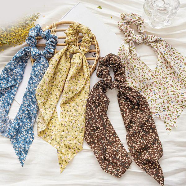 

bohemian floral elastic hair rubber bands long ribbons ponytail scarf women hair tie rope hair accessories, Pink