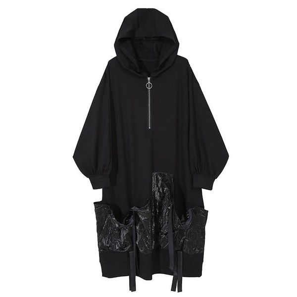 

patchwork black loose hooded dress streetwear autumn winter women casual dresses, Black;gray
