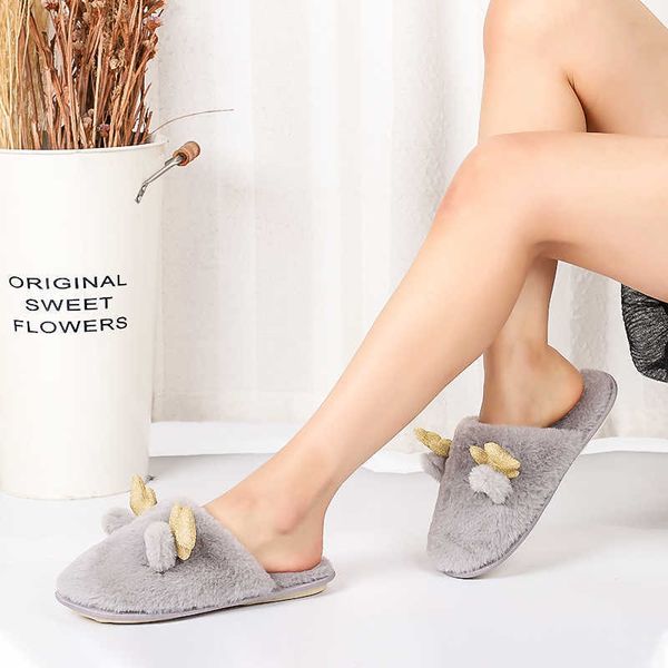 

girl slippers girls winter home warm fur integrated pink gray white with antlers non-slip shoes h0827, Black