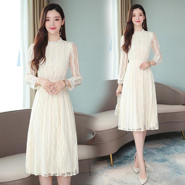 

casual dresses women vintage white lace midi autumn winter femal solid beach long sleeve s-xl elegant and temperament dress, Black;gray