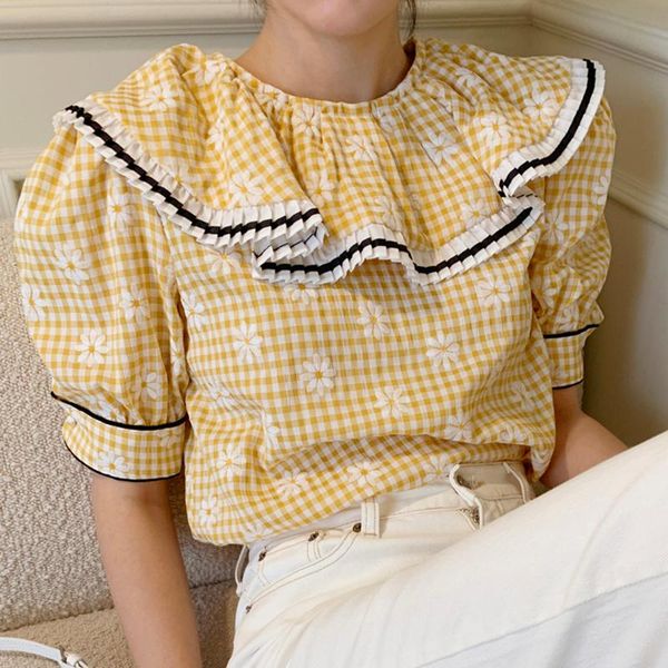 

women's blouses & shirts [ewq] korea chic casual fashion lapel plaid stitching printing loose pleated short-sleeved shirt women summer, White