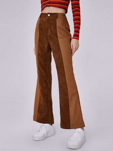 

color block corduroy flare leg pants v64c#, Black;white
