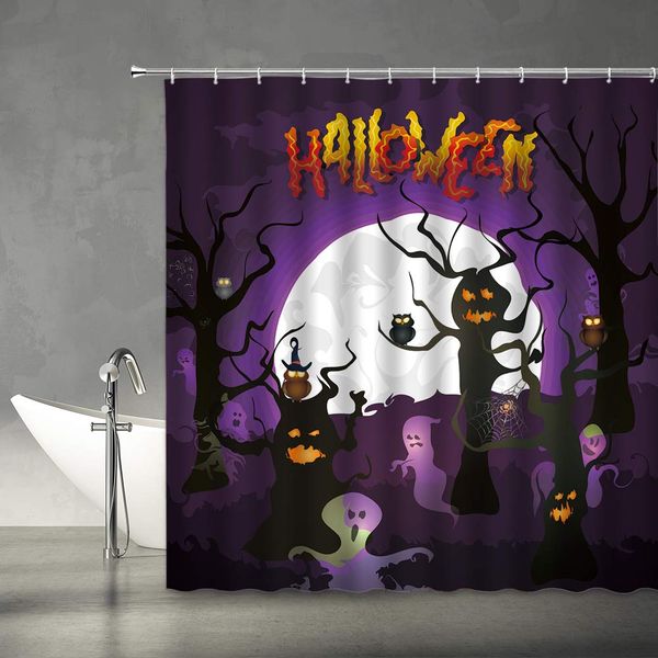 

happy halloween shower curtain horror abstract pumpkin dead tree ghost owl spider web full moon purple black orange polyester