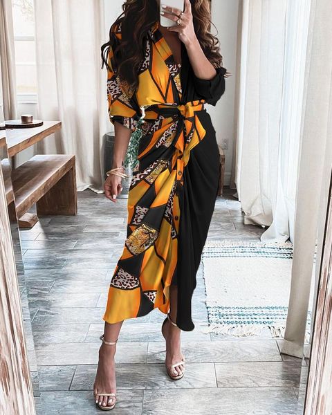 

party dresses 2021 elegant summer high waist ruched graphic print long sleeve strap slit women's shirt female robe, White;black