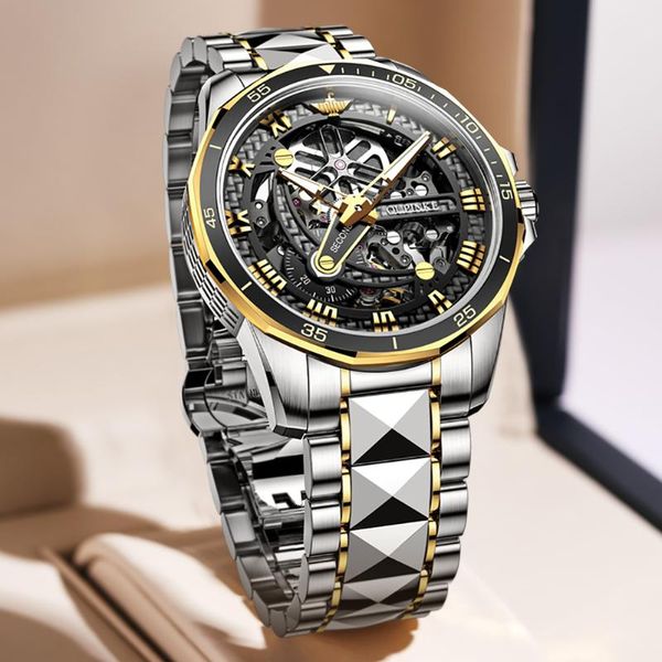 

wristwatches oupinke automatic watch men sapphire glass luxury skelton mechanical wristwatch tungsten steel waterproof business sport watche, Slivery;brown