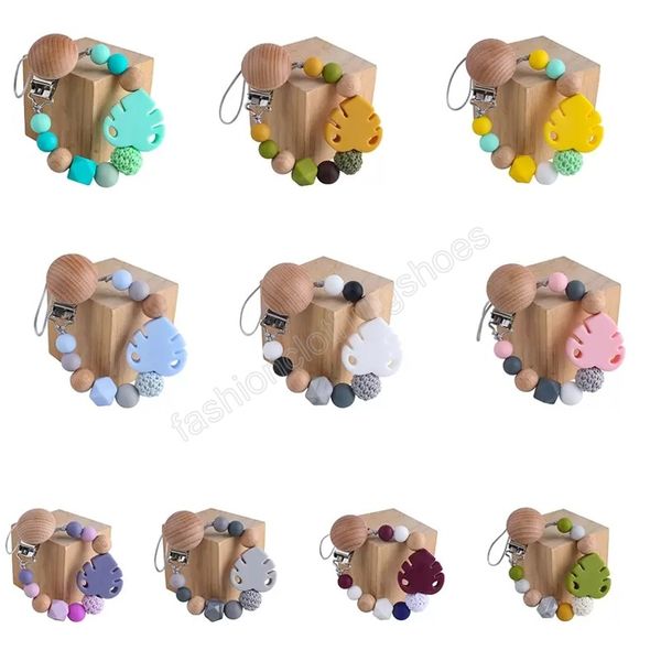 

10 colors beech wooden silicone bead leaf pacifier holders newborn pacifier chains clips baby teething soother kids chew toys