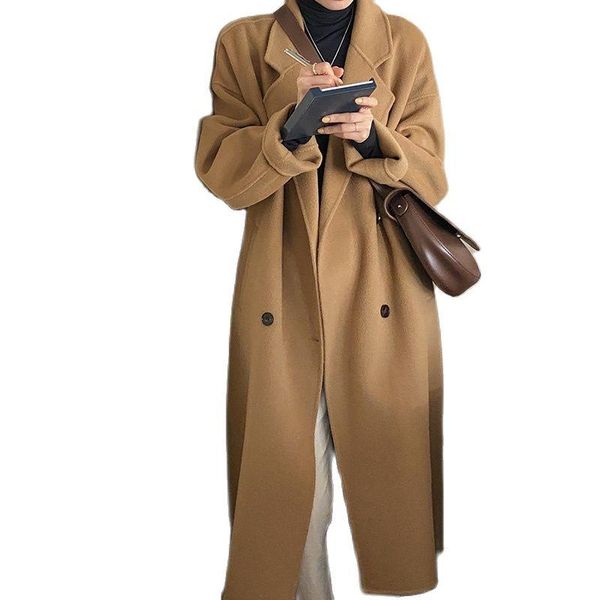 

women's wool & blends 2021 fashion autumn winter style suit collar camel color long cashmere woolen coat women jackets overcoats f1033, Black