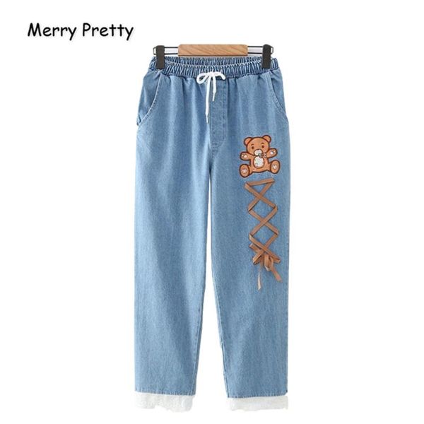 

women's jeans merry pretty women pants cartoon bear embroidery lace up denim elastic waist straight pockets jean mom, Blue