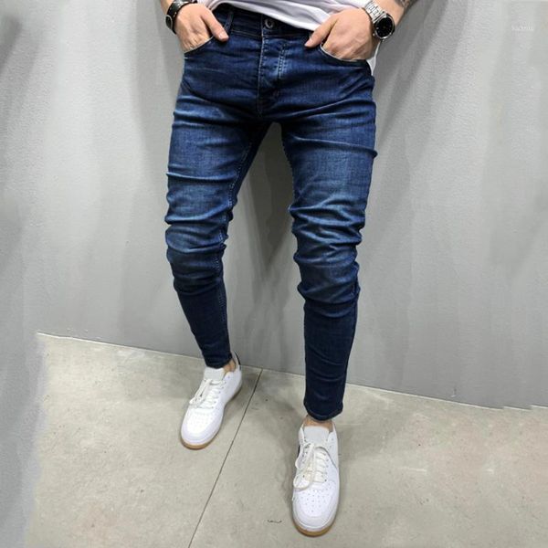 

men's jeans pencil pants mens skinny denim button sports long casual pantalones de chandal soild zipper pocket calca masculina, Blue