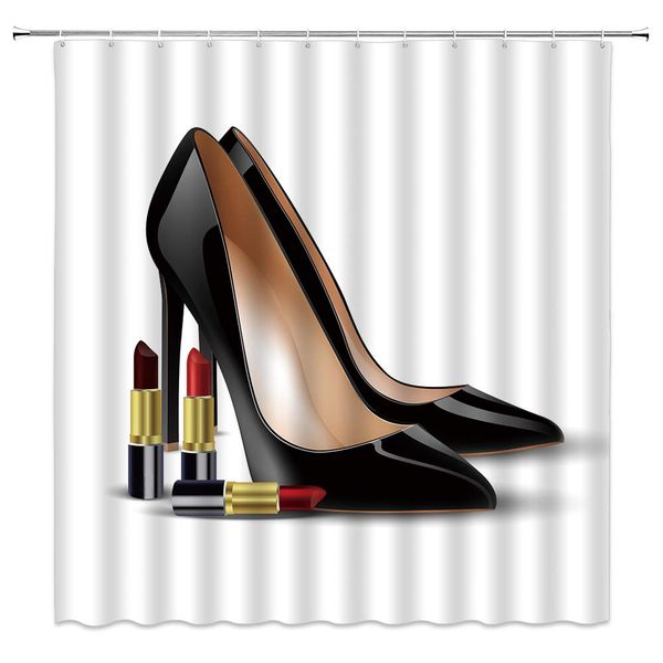 

high heel shoes shower curtain girly fashion black lady shoes woman lipstick, 70x70 inch polyester fabric bathroom