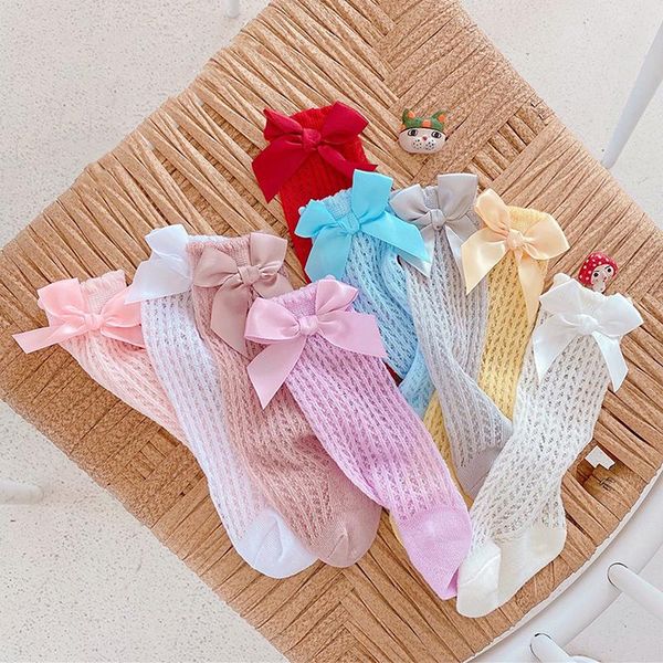 

socks summer baby girl bows mesh born knee high breathable solid soft cotton infant toddler long lolita cute, Pink;yellow